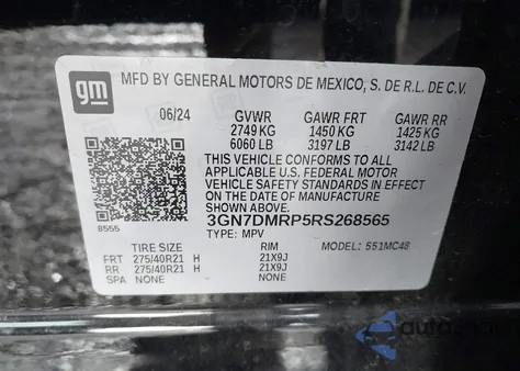 2024 Chevrolet Equinox Ev Lt из США, поврежденный, VIN 3GN7DMRP5RS268565